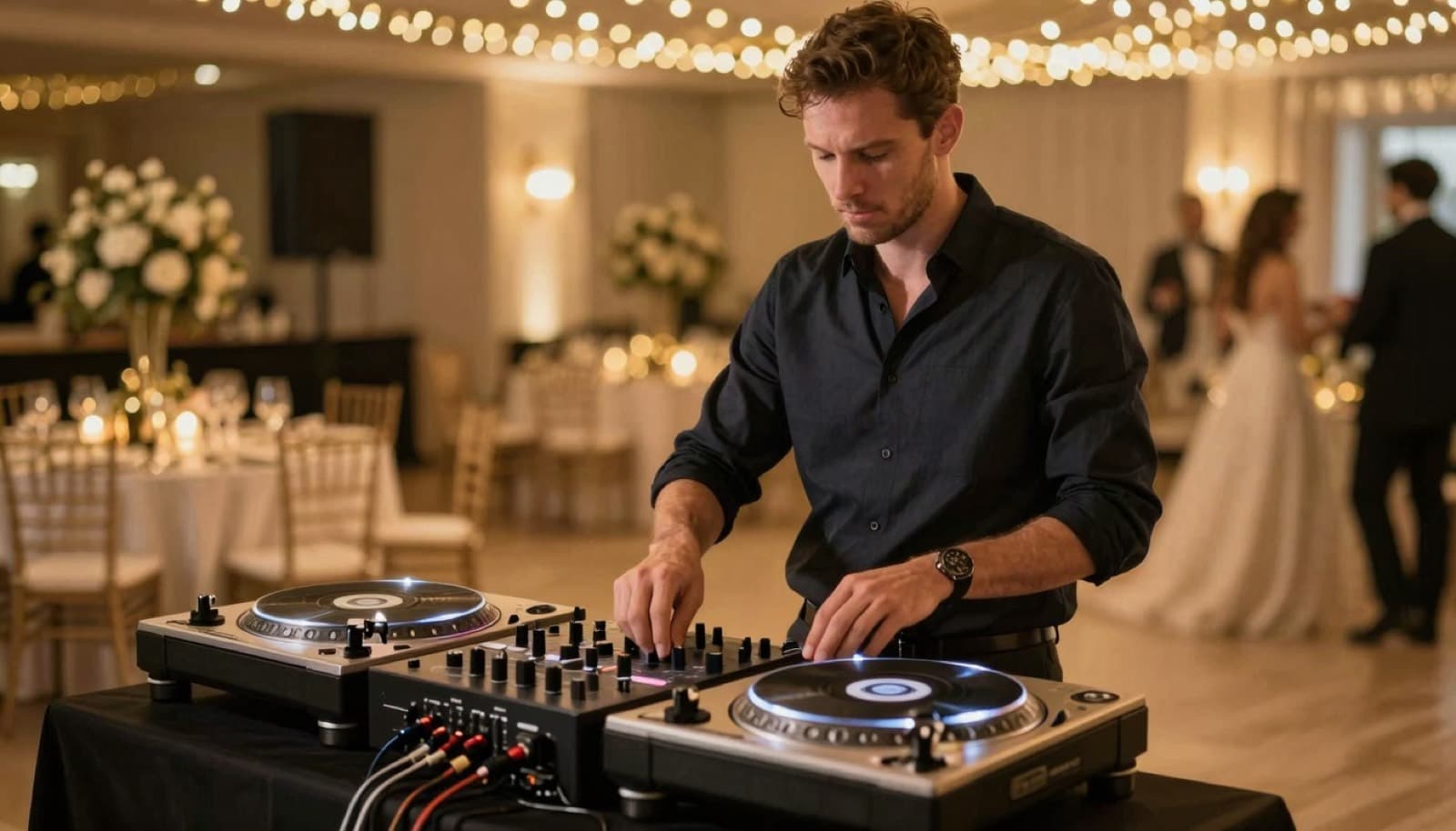 DJ professionnel aux platines lors d'une réception de mariage élégante