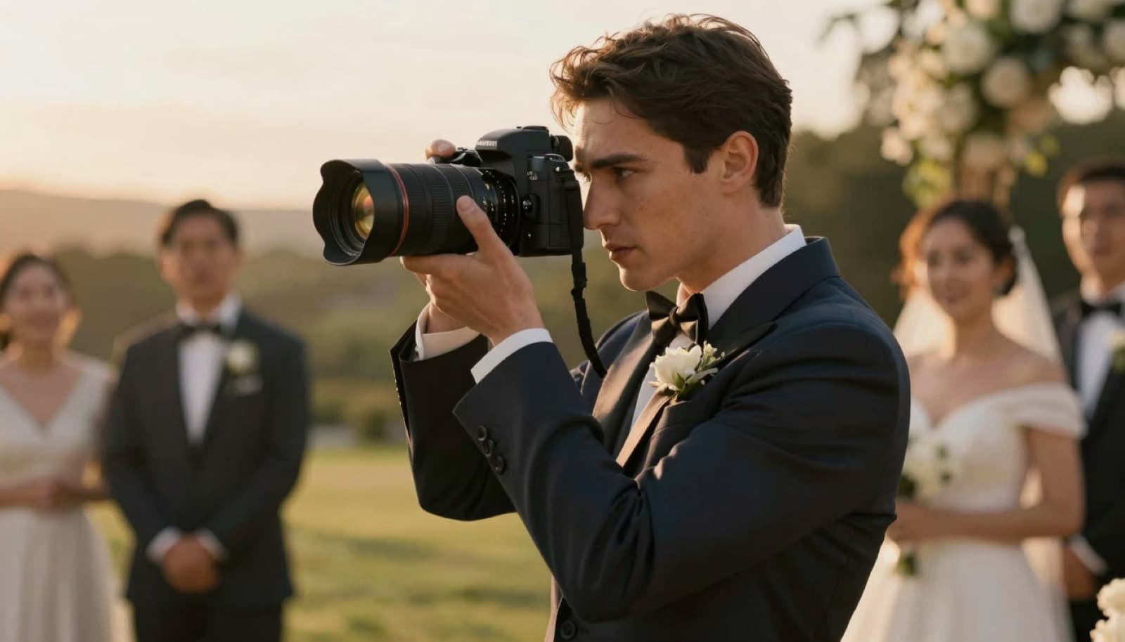 Photographe de mariage en action pendant une cérémonie en extérieur