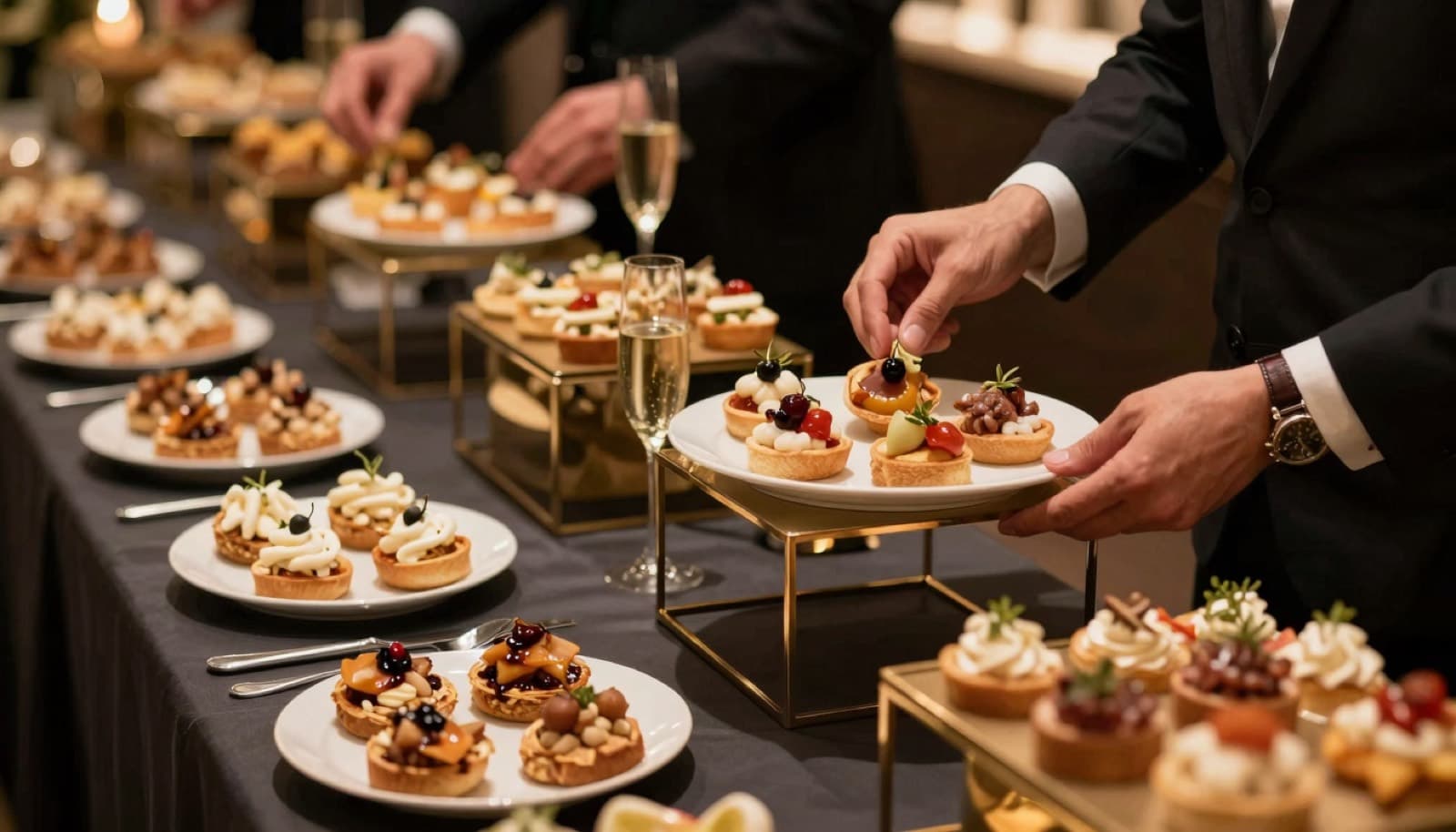 Buffet traiteur haut de gamme dressé pour une réception