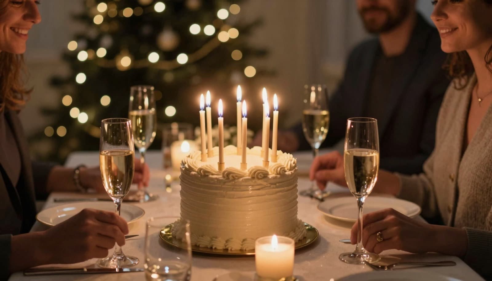 Table d'anniversaire raffinée avec gâteau aux bougies et coupes de champagne