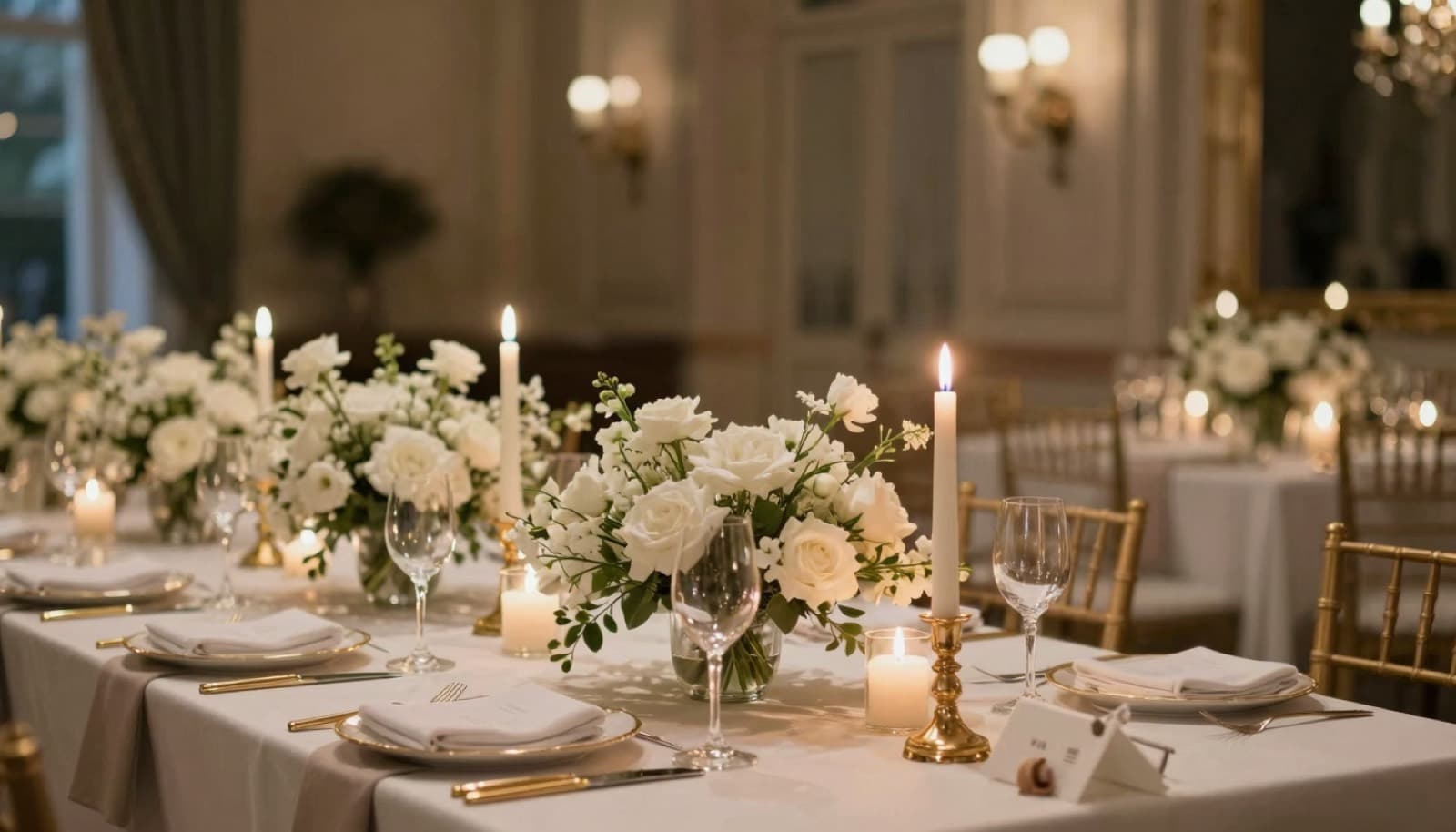 Table de réception de mariage élégante avec fleurs blanches et bougies